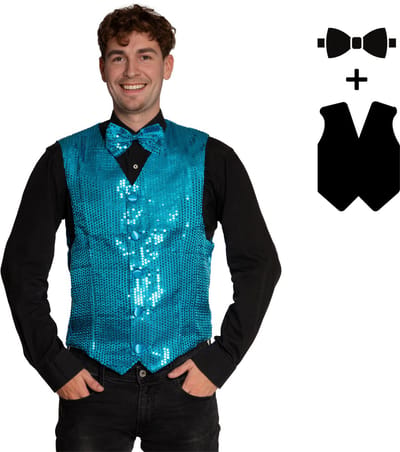 Partychimp Verkleed Gilet en Strik met Pailletten voor Volwassenen Carnavalskleding Heren Foute Party Verkleedkleding Glitter en Glamour Pailletten vest met Strik Man - Polyester - Blauw - 2-Delig Gilet/Vlinderstrik - Maat S