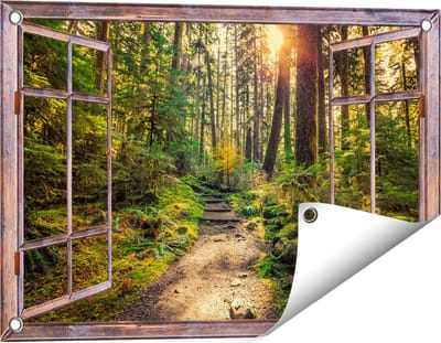 Gards Tuinposter Doorkijk Voetpad in het Bos - 60x40 cm - Tuindoek - Tuindecoratie - Wanddecoratie buiten - Tuinschilderij