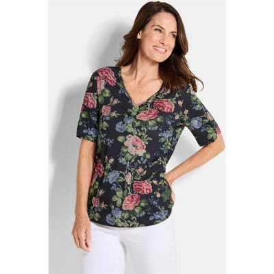 Gebloemd, jersey shirt met plooien - marine / gedess. - Gr. 19 van Goldner Fashion