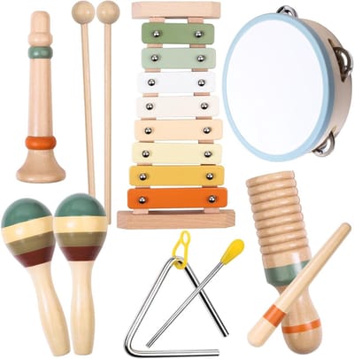 Houten Muziekset - Montessori Speelgoed - Muziek Ontdekken - 12 Delige Set - 17 cm - Neutrale Kleuren