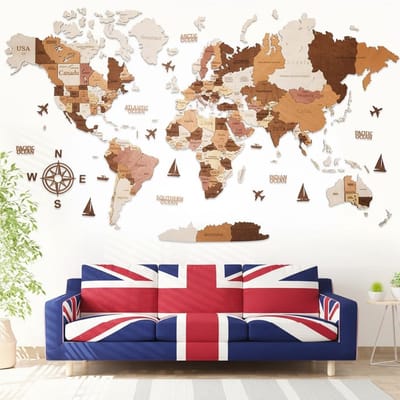 Grote 3D Houten Wereldkaart Wanddecoratie met Pins | Decoratieve Muurbevestiging zonder Gereedschap | Perfect Cadeau voor Reizigers