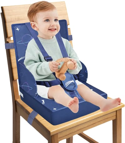 NAIZY Kinderverhoger, Verhogerstoel, Kinderzitkussen met Opvouwbare Rugleuning en Driepunts Veiligheidsgordel, Sponsverhoger voor Kinder Baby Eetkamerstoel, Blauw