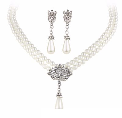 N3 Collections Gesimuleerde Parel Sieraden Set Kristal Waterdruppel Hanger Kettingen Oorbellen