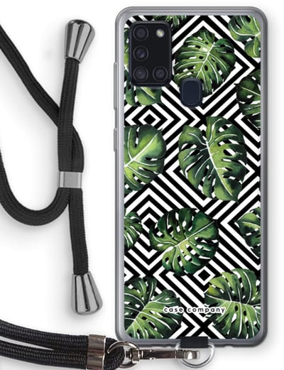 Case Company® - Hoesje met koord geschikt voor Samsung Galaxy A21s hoesje met Koord - Geometrische jungle - Telefoonhoesje met Zwart Koord - Bescherming aan alle Kanten en Over de Schermrand