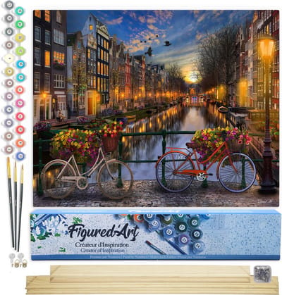 Figured'Art Schilderen op Nummer Volwassenen canvas Kanaal in Amsterdam - Handwerk acrylverf Kit DIY Compleet - 40x50cm met DIY houten lijst