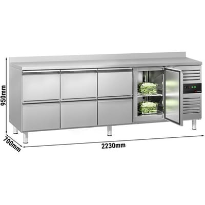 GGM Gastro Kühltisch ECO - 2230x700mm - mit 1 Tür - 6 Schubladen - mit Aufkantung Zilver
