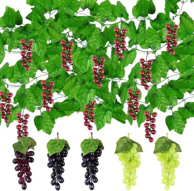 Inovra Plus - Kunststof druiven decoratie voor wijn en tuinfeesten - Set van 10 stuks met levensechte wijnbladeren - Plastic fruit voor tafeldecoratie, fotografie en meer