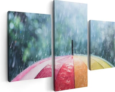 Artaza Canvas Schilderij Drieluik Regenboog Paraplu met Regen - 90x60 - Foto Op Canvas - Canvas Print