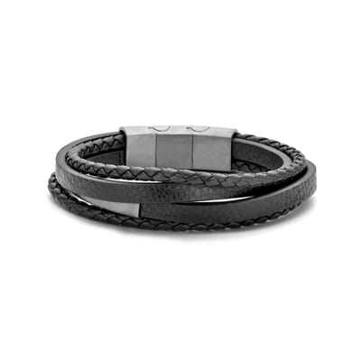 Frank 1967 7FB-0679 Leren Armband met Stalen Sluiting - 4 Rijen - Leder - 21cm - Verstelschakel - 10 tot 17mm Breed - Bruin - Staalkleurig