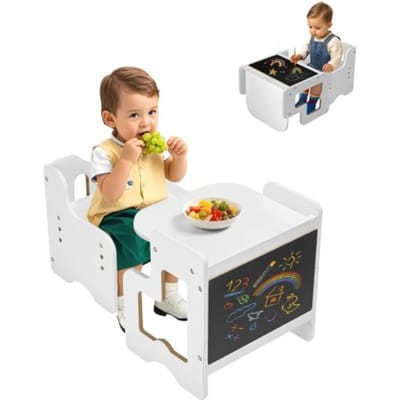 VEVOR Montessori tafel- en stoelset, peutertafelset (met krijtbord) van hout voor 1-5-jarigen, in hoogte verstelbare activiteitentafel en speeltafel voor kinderen, ideaal om te lezen, eten en spelen - wit