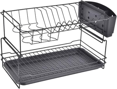 Dubbellaags afdruiprek - Keukenrek Droogrek - Keuken Organisatie - Verwijderbare Toplaag - 45 x 27 x 28 cm - Zwart