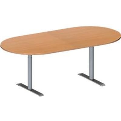 Schäfer Shop Genius Vergadertafel MODENA FLEX, in hoogte verstelbaar, zonder contactdoos, ovale vorm, T-poot ronde buis, B 2000 x D 1000 mm, beukenpatroon