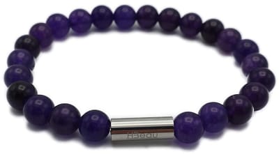 H-Beau - Handgemaakte Armband van Edelstenen - Natuurstenen - Amethist Kralen - Heren - Unisex - RVS Kraal - 8mm - lengte 20cm - Gepolijst - Paars - Sterrenbeeld - Horoscoop - Waterman - Maagd - Vissen