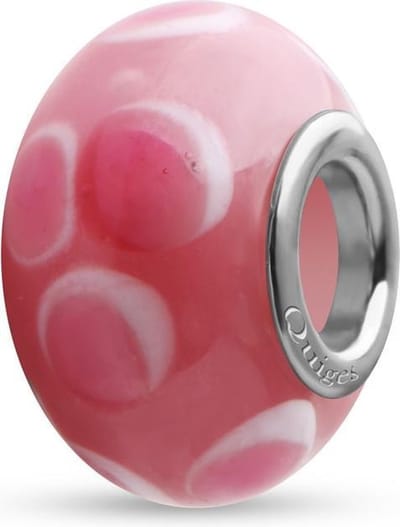 Quiges - Glazen - Kraal - Bedels - Beads Roze met Witte Bloemen Past op alle bekende merken armband NG877