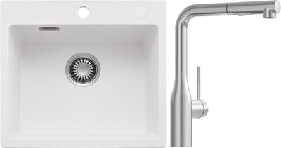 CECIPA max Granieten spoelbakken 40x45CM - Spoelbakken Keuken Wit - Spoelbak Keuken Met Keukenkraan met Uittrekbare Uitloop - Enkele spoelbakken Met sifon - waterafvoersysteem en overloopset