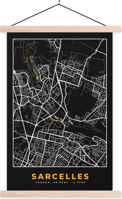 Posterhanger incl. Poster 40x60 cm - Schoolplaat - Stadskaart – Frankrijk – Kaart – Sarcelles – Plattegrond - Textielposter - Blanke latten - Stadskaart