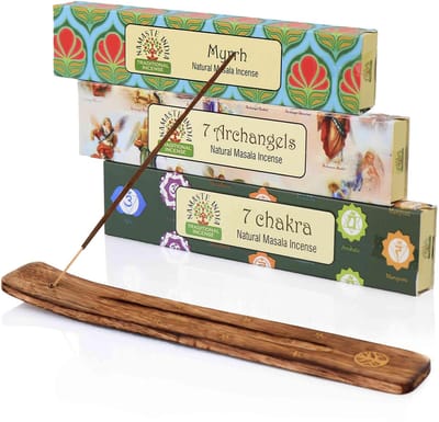 Dailygoods- Wierookstokjes set 3 soorten - 7 chakra/7 archangels/mirre - Houten houder - Spirituele geur - Handgerold, natuurlijk - Wierook