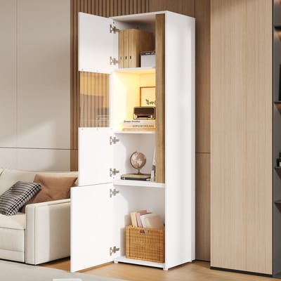 Vitrine - B50xD40xH179 - Hoogkast Met LED 2 Deuren 1 Acryl - Voor Woonkamer Of Keuken - Hout - Wit/Naturel