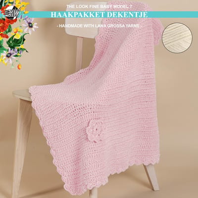Haakpakket deken-kinderdeken-kado-kraamcadeau- met The Look Fine garen model 7 van Lana Grossa The Look Fine Baby-crème 102