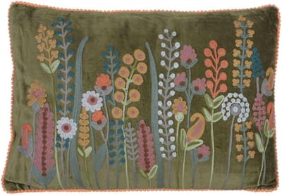 Decoratief Sierkussen Boho Chic Rechthoekig 48x30 met Pompoms en Bloemenborduur | Groen Fluweel | Sierkussen Bank en Bench