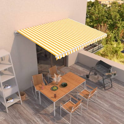 vidaXL - Luifel - handmatig - uittrekbaar - 400x350 - cm - geel - en - wit