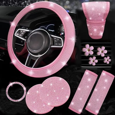 Autoaccessoires - 11 stuks- Autoaccessoires voor dames - Stuurwielhoes, gordelhoes met strasssteentjes, ventilatieclip in de vorm van een madeliefje, versnellingspookhoes met strasssteentjes - Universeel ontwerp - Roze