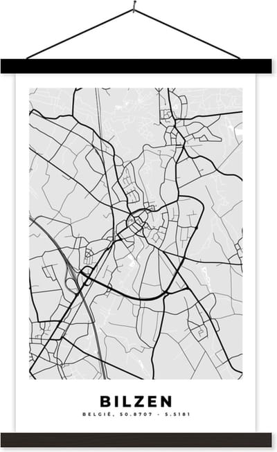 Posterhanger incl. Poster 40x60 cm - Schoolplaat - Zwart Wit – België – Plattegrond – Stadskaart – Kaart – Bilzen - Textielposter - Zwarte latten - Stadskaart