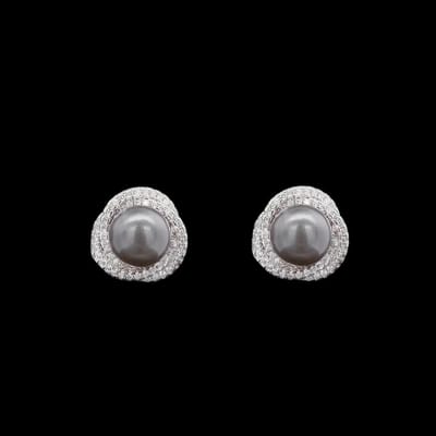 Victoria Valenza Zilverkleurige Entourage Oorbellen met Grijze Parels en Zirkonia Stenen - Oorknoppen - Zilverkleurig - Parel oorbellen - Zirkonia