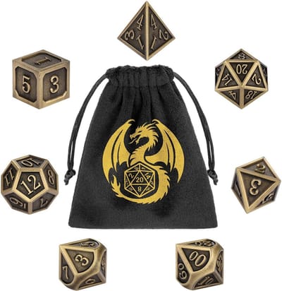 SnelShoppen - Metalen dobbelstenen set 7 stuks polyedrisch DND dobbelstenen set, D&D geschenken met geschenkzak, rollenspel accessoires, brons