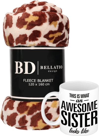 Cadeau zus set - Fleece plaid/deken panter print met Awesome Sister mok - Zussen ontspanning cadeau kerst, Sint, verjaardag