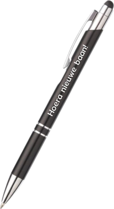 hoera nieuwe baan! pen - zwart - gegraveerd - Quotes pennen - collega - pen met tekst - leuke pennen - grappige pennen - werkpennen - stagiaire cadeau - cadeau - bedankje - afscheidscadeau collega - welkomst cadeau - met soft touch