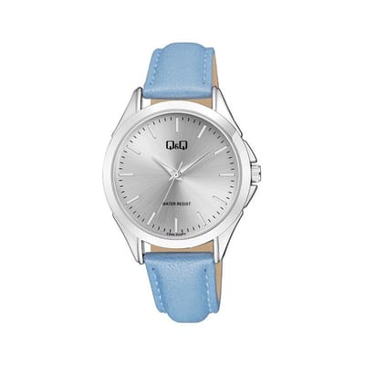 Q&Q C04A-023PY - Horloge - Analoog - Unisex - Leren band - Rond - Metaal - Streepjes - Lichtblauw - Zilverkleurig