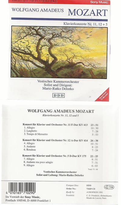 1-CD Mozart - PIANO CONCERTO NR. 11, 12 & 5 - VESTISCHES KAMMERORCHESTER / SOLIST UND DIRIGENT: MARIO-RATKO DELORKO