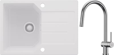 Anycee MAX Granieten Spoelbak 65x45CM - Spoelbakken Keuken Wit - Wasbak Keuken Met Keuken Kraan - Spoelbak Met Planchet en Afdruiprek - Spoelbakken Incl. Sifon en Afvoerzeefje