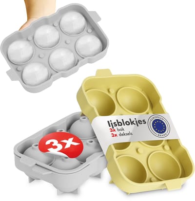 Blumtal IJsblokjesvorm Idun Set van 3 - 6 ijsblokjes - Siliconen ijsblokjesvorm met deksel - IJsblokjesvorm Balvorm - BPA Vrij - Grijs + Geel