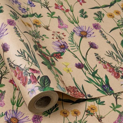Allecto - Kraftgeschenkpapierrol - Cadeaupapier - Minirol - 43,2 cm x 10 m - Wildebloemendesign - Verjaardagen en feesten - Geschikt voor babyshowers
