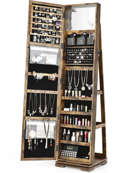 COSTWAY 360 roterende gespiegelde sieraden kast, vrijstaande sieradenkast, 2-in-1 afsluitbare grote capaciteit sieraden organisator met volledige lengte spiegel, binnen make-up spiegel, 78 ring gaten, 24 kettingen haken, 120 oorbel vakken