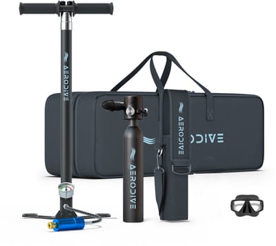 AeroDive - T500 + 2e Gen. Handpomp + Bril (Incl. opbergtas) - Hervulbaar - Mini duikfles - Mini scuba tank - Duiktank - Snorkelen - Duikfles pomp - 10-12 min. Gebruiksduur - EU Gecertificeerd
