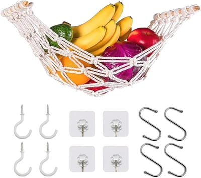 Hangende fruithangmat, vrucht groente hangmat, lang 56 cm, hangmanden keuken, fruit hangend net handgemaakt geweven, hangmanden keuken voor keuken, woonkamer, badkamer, slaapkamer