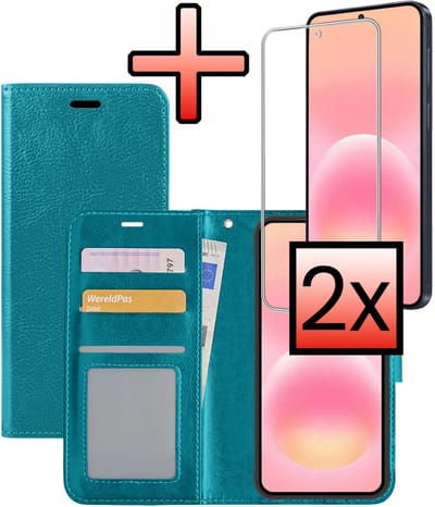 Hoesje - Met 2x Screenprotector - Geschikt voor Samsung Galaxy A57 - Luxe Pasjeshouder - Bookcase Portemonee - Flip Case - Kunstleer Book Case - Flipcase Hoes - Book Cover - Walletcase - Portemonneehoes - Turquoise