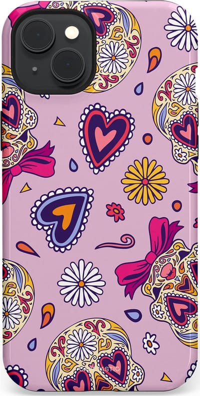 Casetastic hoesje geschikt voor Apple iPhone 15 Plus - MagSafe - Dubbellaagse bescherming - Dia de los Muertos Doodshoofd Strik - Fashion Case - Lichtroze Lila Taupe Zilver