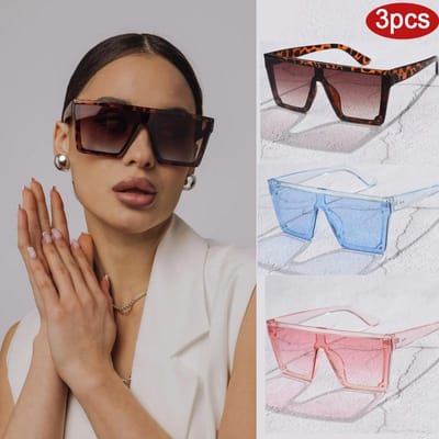 3 pièces Mode Lunettes de Soleil Carrées Surdimensionnées Femmes Verres Colorés Protection UV400 Lunettes de Soleil Féminines Pièce Unique