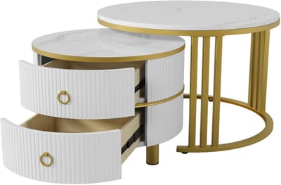 2-in-1 ronde salontafel - Met 2 lades en marmerlook - MDF en metaal - Woonkamer - Wit en goud