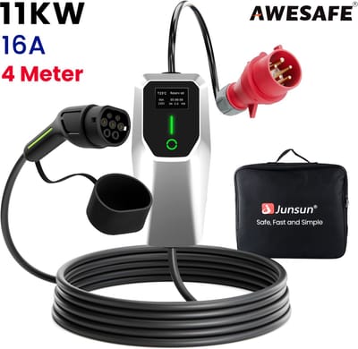 Awesafe Laadkabels - EV Lader 11kW 16A Type 2 met 4m Kabel - 3 Fase - Type 2 Laadpaal - 6A/8A/10A/13A/16A Schakelbaar - Met handtas