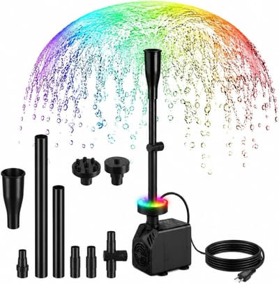 Buiten fonteinpomp met LED-verlichting, 800 l/u, 15 W, voor mini-vijver en waterval, inclusief 3 sproeiers en 3 wisselende kleuren, ideaal voor tuinvijvers en waterspelen