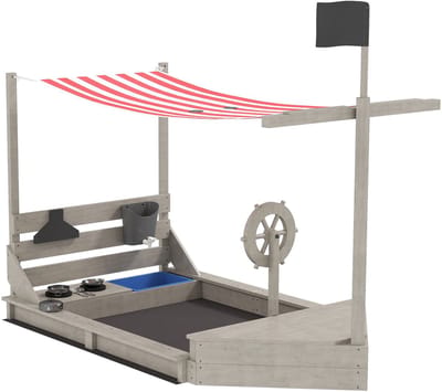 TEKROA® Houten Zandbak Piratenschip met Speelkeuken & Zonnedak UV-bescherming - Inclusief Accessoires en Opbergruimte - 180x103x144,5 cm