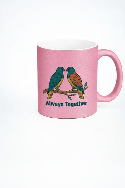 Roze Glitter Mok 'Always Together' met Liefdesvogels - Romantisch Cadeau
