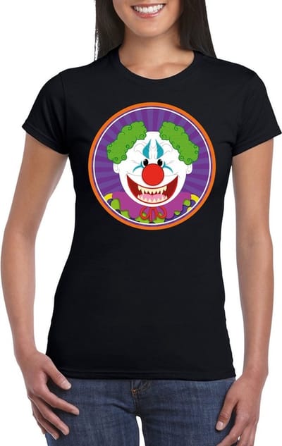 Halloween horrorclown t-shirt zwart dames - Halloween kostuum S