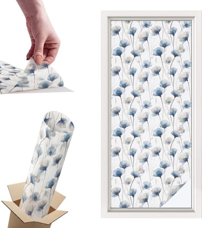 Tulup Raamfolie Anti inkijk - Blauwe bloemen Privacy Folie Raam - 50x116 cm - Wit Anti inkijk Folie - Raamfolie Tegen inkijk Glas in Lood - Voor de slaapkamer, woonkamer en badkamer. - Raamfolie Zonwering
