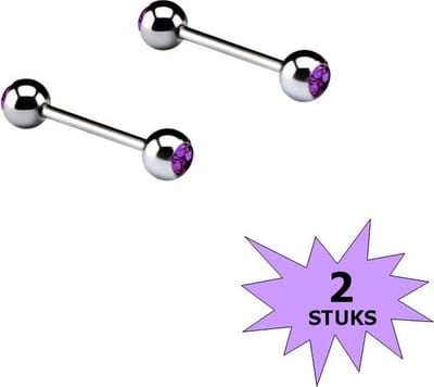 Fako Bijoux® - Barbell Piercing - Kristal - 12mm - Paars - 2 Stuks